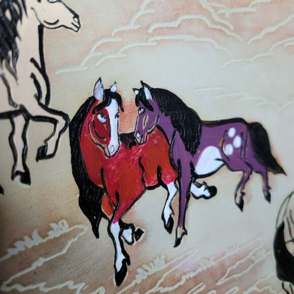 Hand Painted Leather Wall Art Horses Mongolian Landscape Wood Western Carved - Picture 5 of 16